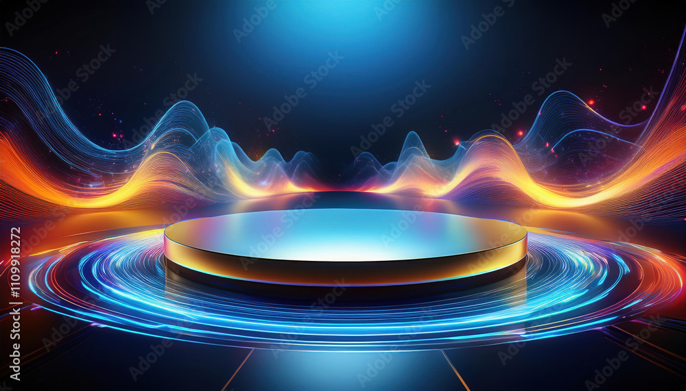 Poster vibrant conceptual art piece featuring empty circular product stand surrounded by dynamic waves of l