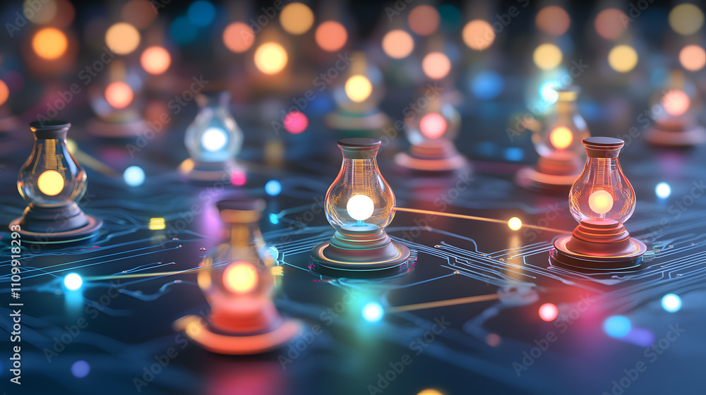 Poster illuminated pathways digital lamp network abstract setting conceptual art colorful environment creat