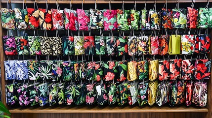 A vibrant display of floral-patterned bags arranged neatly on hangers.