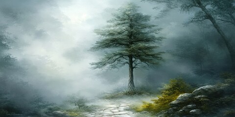 A serene landscape featuring a solitary tree amidst fog and rocky terrain.