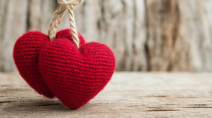 Two Knitted Hearts: A symbol of love and togetherness. Two crimson knitted hearts gently sway from a rustic twine, creating a heartwarming image perfect for Valentine's Day, anniversaries.