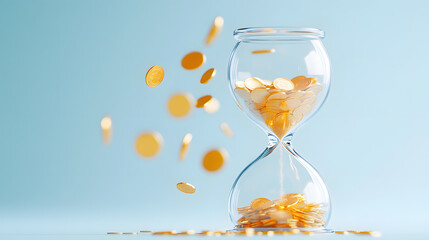 3D render of an hourglass with golden coins falling through, time scarcity, limited resource, and a financial crisis. Visual metaphor for business downturn, wealth management, and corporate challenge.