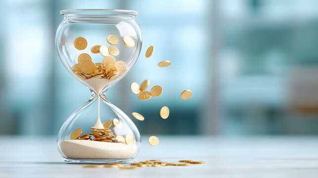 3D render of an hourglass with golden coins falling through, time scarcity, limited resource, and a financial crisis. Visual metaphor for business downturn, wealth management, and corporate challenge.