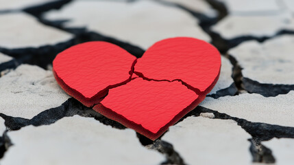 Fototapeta premium Heartbreak on the Crackled Surface: A fractured red heart rests on a cracked, weathered surface, symbolizing the pain and fragility of a broken relationship. 