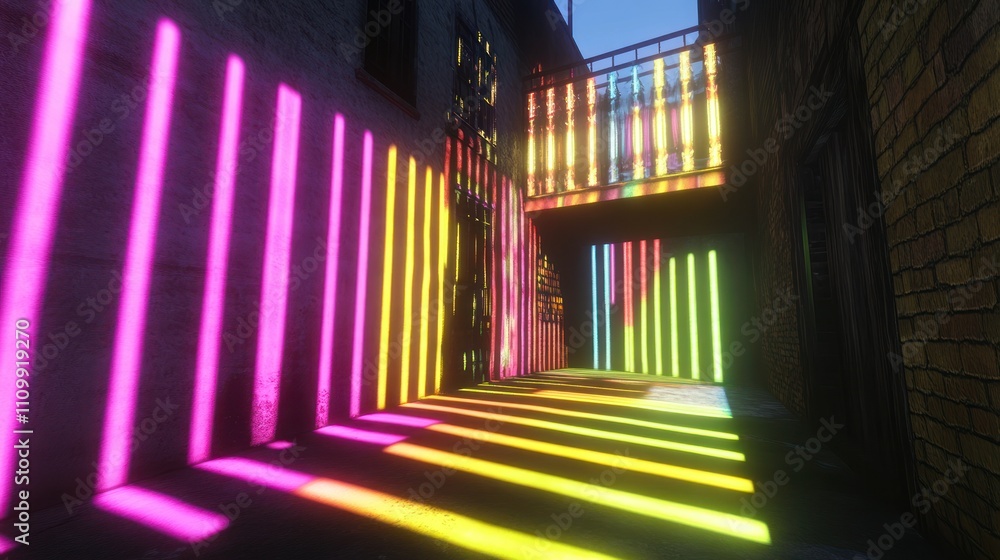Poster a vibrant alleyway illuminated by colorful light patterns creating a lively atmosphere.