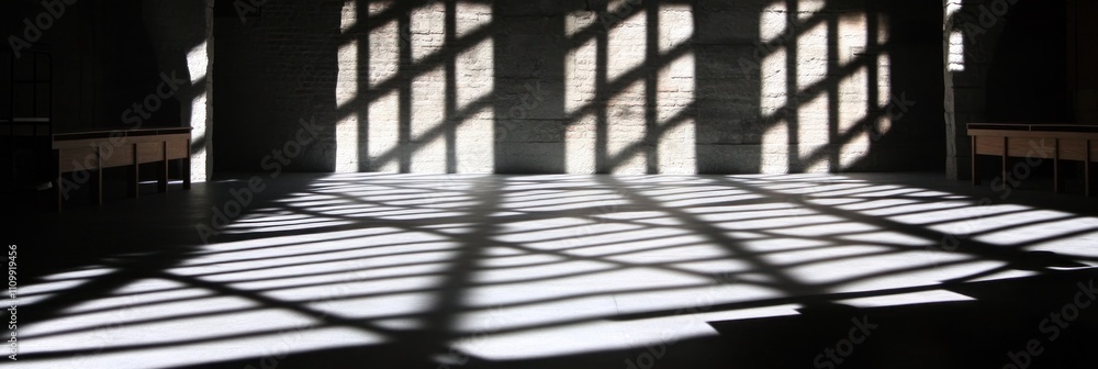 Poster shadows cast by architectural features create a dramatic interplay of light in a spacious interior.