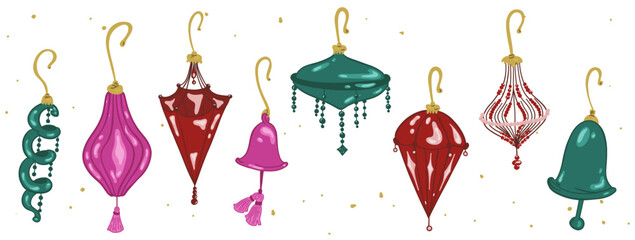 Vintage Glass Christmas Toy Collection. Elegant Xmas Ball Retro Set. New year hand drawn luxury toys. Retro fashion bauble. Cartoon doodle aesthetic vector illustration isolated on white background