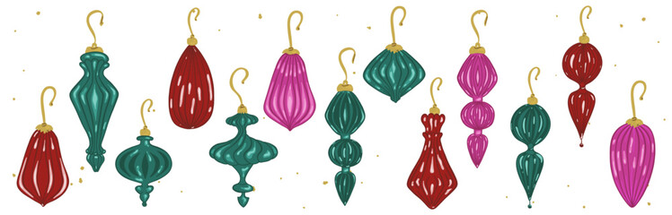 Vintage Glass Christmas Toy Collection. Elegant Xmas Ball Retro Set. New year hand drawn luxury toys. Retro fashion bauble. Cartoon doodle aesthetic vector illustration isolated on white background