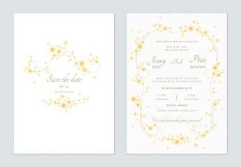 Wedding invitation template set of delicate yellow flowers and vines on a white background, creating a romantic and vintage feel