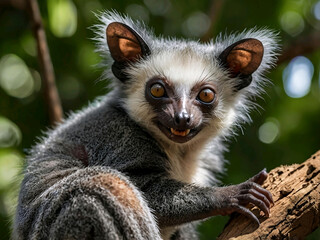 Obraz premium Aye-Aye: A rare lemur found only in Madagascar, the aye-aye is known for its unusual appearance and long, thin middle finger used to extract insects from tree bark.