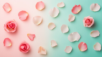 A pastel gradient background blending soft pink, cream, and mint, adorned with scattered rose petals