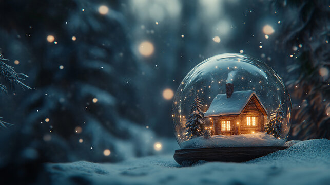 Snow globe. A snowstorm is present while a Christmas decoration is depicted in a glass Christmas globe. The background is an exquisite bokeh.