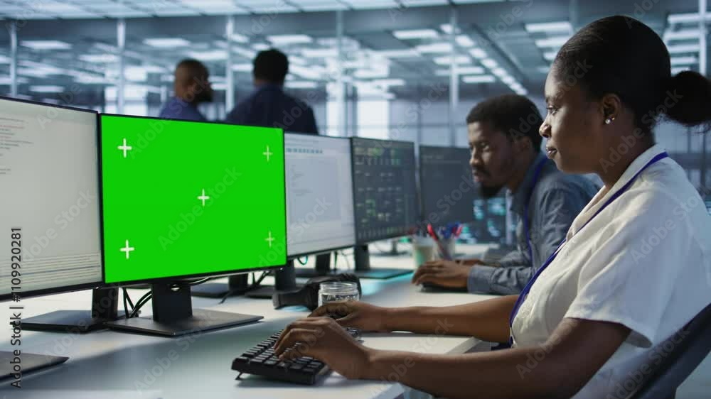 Poster software developer in server farm ensuring data remains shielded from potential threats using mockup