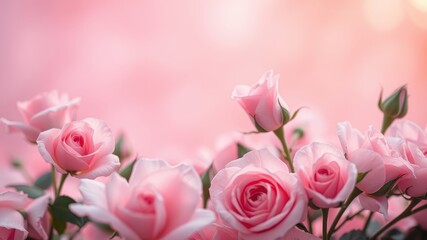 Obraz premium Delicate pink roses bloom in a soft and romantic setting, their petals unfurling in a graceful display of beauty