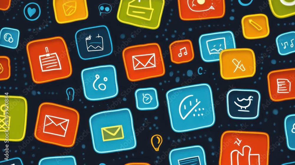 Poster colorful icons representing various digital applications and communication tools.