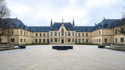 Wide-angle shot of an international court house with a majestic facade, emphasizing governance, law, and global cooperation.