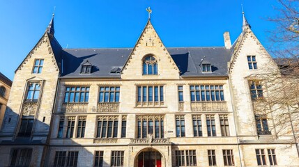 Naklejka premium International court house with elegant columns and flags, representing the role of law and diplomacy in global dispute resolution.