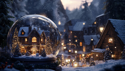 Obraz premium Snow globe. A snowstorm is present while a Christmas decoration is depicted in a glass Christmas globe. The background is an exquisite bokeh. 