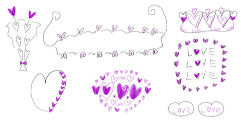 Rough and cute heart and love illustration set