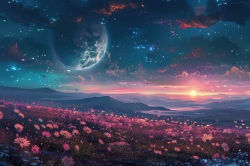 Fototapeta premium A Field of Pink Flowers Under a Starry Sky with a Full Moon