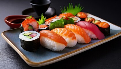 A delightful platter of assorted sushi, showcasing vibrant colors and textures.