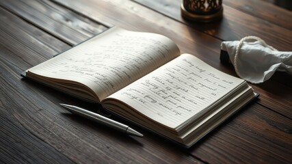 Naklejka premium An open notebook with handwritten notes lies on a wooden table, a pen resting beside it, a cloth napkin and candle holder nearby.