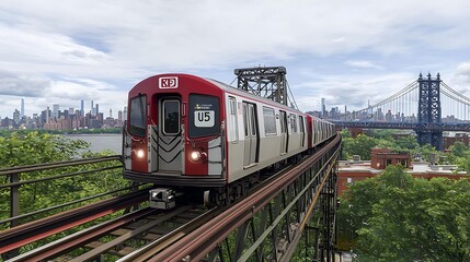 Naklejka premium A train travels on elevated tracks with a city skyline and bridge in the background.