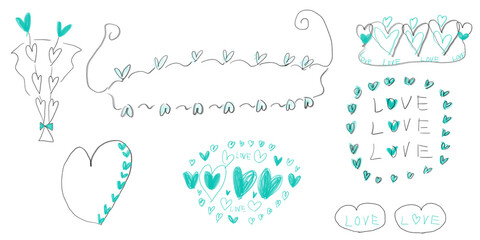 Rough and cute heart and love illustration set