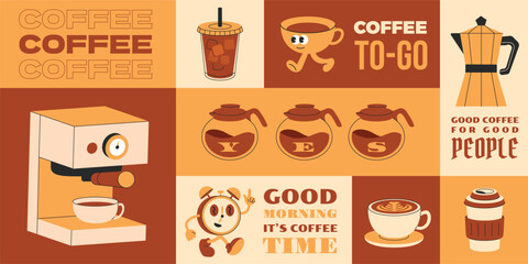 Geometric coffee elements. Vintage hipster coffee banners, stickers, bento design, Y2k flat organic style.