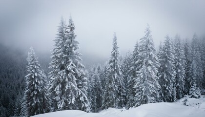 Naklejka premium Snow-covered pine trees on a misty mountain. Serene winter landscape.