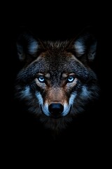 Fototapeta premium Porträt eines Wolfes mit blauen Augen und schwarzem Hintergrund