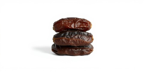 Obraz premium A trio of dried dates stacked neatly, their wrinkled skin revealing a hint of sweetness