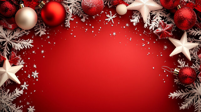 A festive Christmas table setting featuring a red background, white stars, and snowflakes. The composition offers ample space for text and is perfect for holiday cards, invitations, and social media p