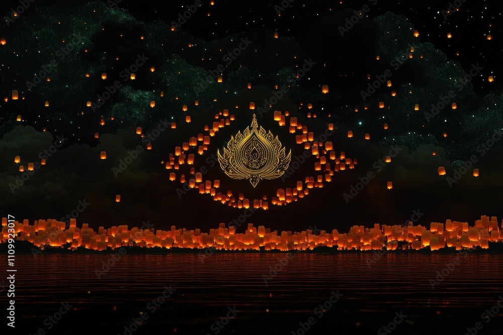 Poster a serene night scene with floating lanterns and a symbolic emblem above a reflective water surface.