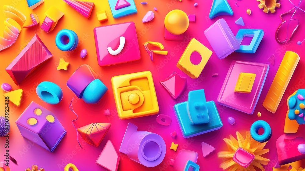 Aufkleber a vibrant assortment of colorful 3d geometric shapes and objects on a gradient background.