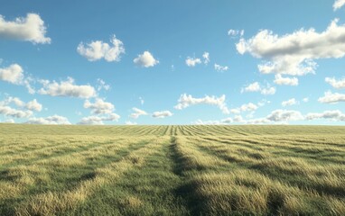 Obraz premium A serene landscape featuring golden fields under a bright blue sky with fluffy clouds.