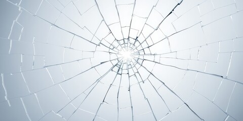 A web of shattered glass, broken into a multitude of fragments, radiates outward from a central point, revealing a glimpse of the world beyond the fractured surface.