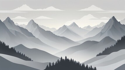 Vast mountain landscape with layered peaks and fog settling over the hills at dawn