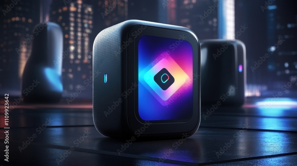 Poster a futuristic device with a glowing interface in a cityscape setting.