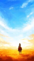 A silhouette of a rider on horseback against a vibrant sunset sky.