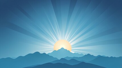 Obraz premium Sunrise over mountains with vibrant blue sky and sun rays spreading across the horizon