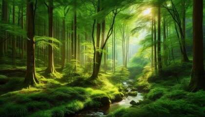 Fototapeta premium Misty Green Forest Landscape
