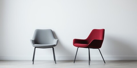 Fototapeta premium Two chairs facing each other with white wall in background, one red chair and one gray chair, both chairs have black metal legs