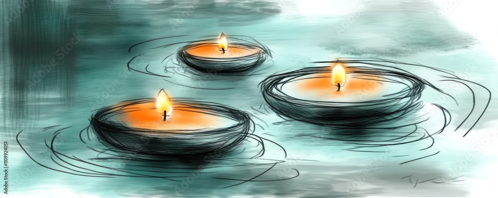 Aufkleber three floating candles illuminate a tranquil water surface, creating a calming atmosphere.