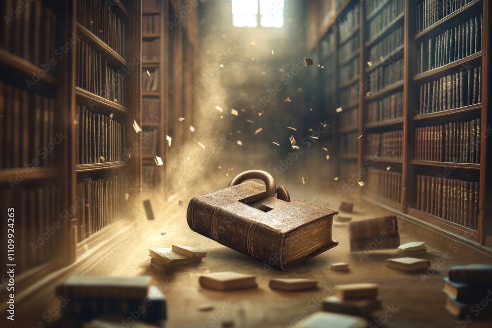 Aufkleber a mystical library scene with an open book and a large padlock surrounded by floating pages.