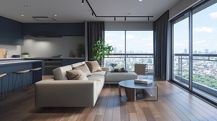 Fototapeta premium Modern Apartment Living Room With City View