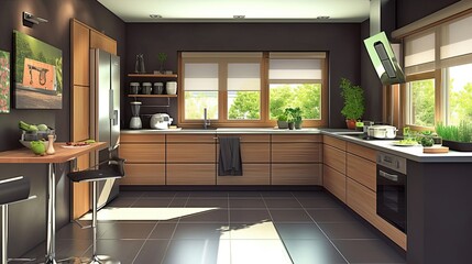 Modern Kitchen Design With Wood Cabinets And Island