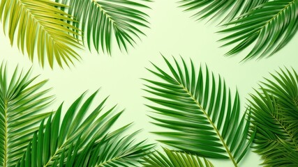 A Minimalist Tropical Composition Featuring Lush Green Palm Fronds Against a Soft Pastel Green Background
