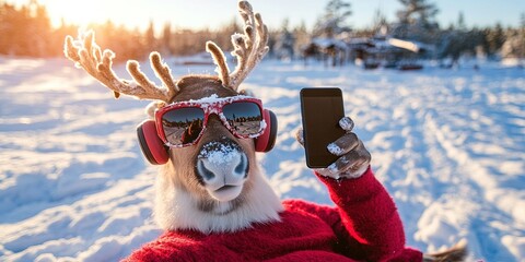 reindeer wearing headphones, sunglasses, taking selfie with smartphone