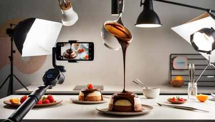 A professional food photography setup featuring chocolate syrup pouring over cake, captured with a smartphone. Culinary, food styling, or creative tutorial themes.